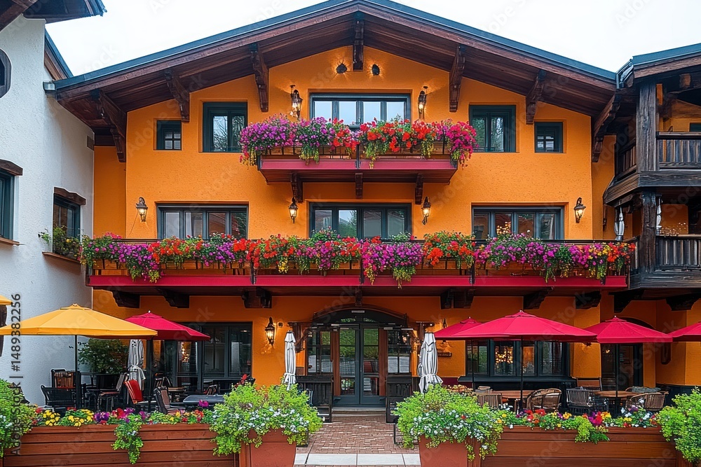 Bright orange building with wooden accents decorated with colorful flowers on window balconies and patio seating under vibrant red and yellow umbrellas Bright orange building with wooden accents decorated with colorful flowers on window balconies and patio seating under vibrant red and yellow umbrellas