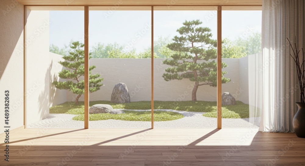 Fototapeta premium Indoor View of Zen Garden with Trees and Rocks