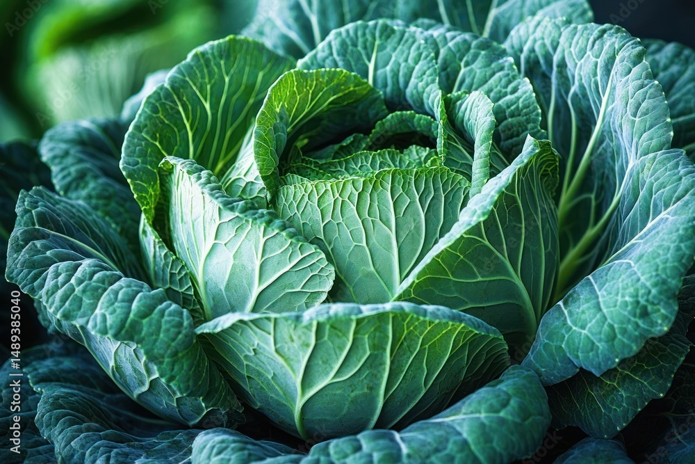 Obraz premium Close-up of fresh green cabbage with tightly packed leafy layers and prominent veins