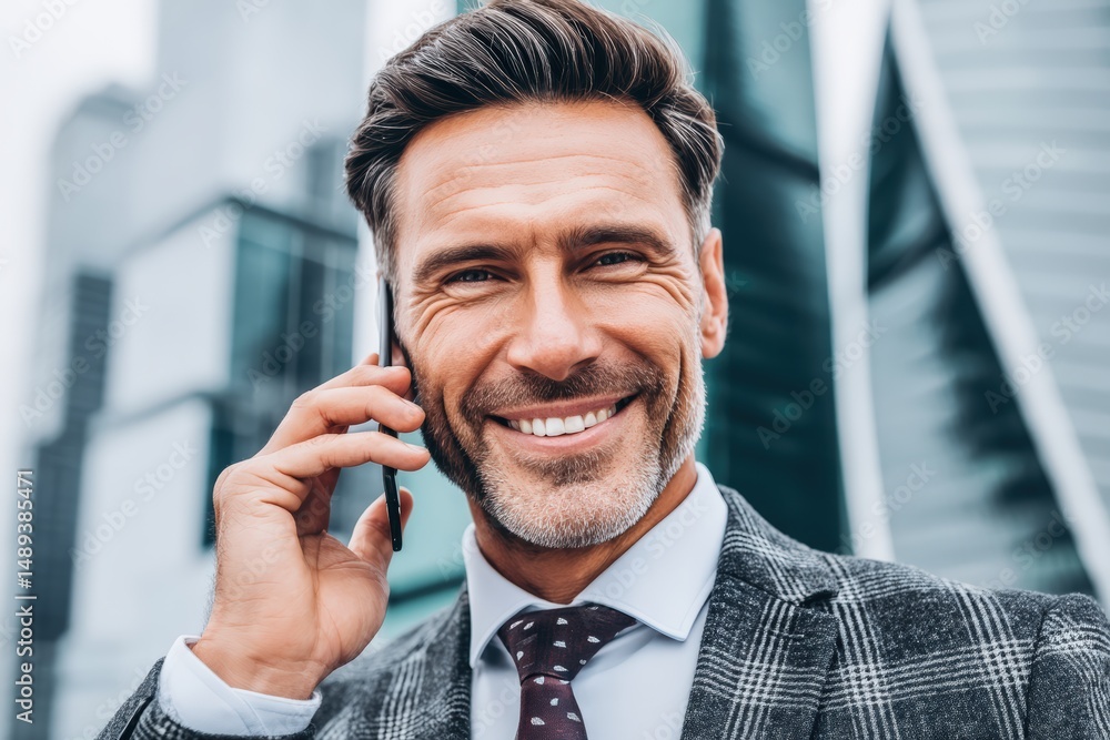 A confident businessman in a suit smiles while talking on his smartphone in a modern cityscape. A confident businessman in a suit smiles while talking on his smartphone in a modern cityscape.