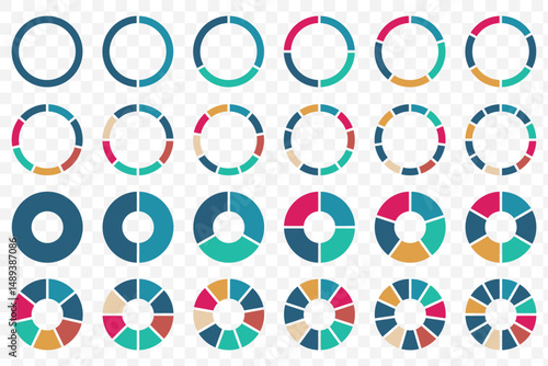 Pie chart set. Colorful diagram collection with 1 - 12 sections or steps. Circle icons for infographic, UI, web design, business presentation. Vector illustration on Transparent Background. EPS 10.