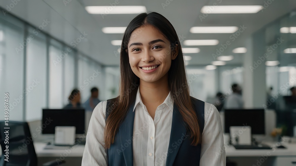 Fototapeta premium Portrait of smiling woman in office setting with desks and computers in the background and natural light