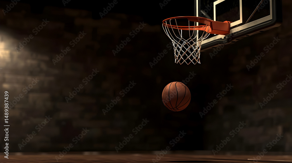 Basketball in Motion Near Hoop in Dimly Lit Indoor Environment Basketball in Motion Near Hoop in Dimly Lit Indoor Environment