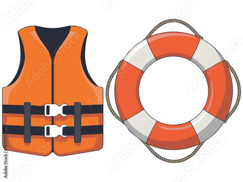 Orange life jacket and rescue buoy equipment