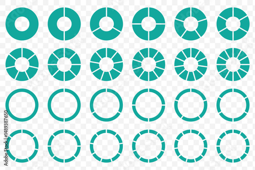 Pie chart set Circle pie chart diagram. Circle icons for infographic. Colorful diagram collection with 1 - 12 sections or steps. Flat process cycle. Progress sectors on Transparent Background. EPS 10.