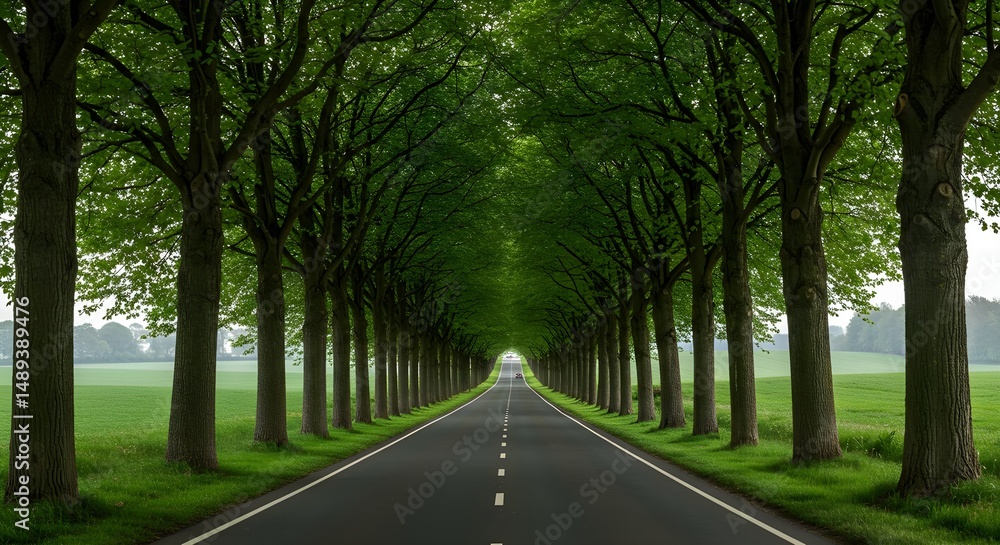 Obraz premium Treelined Road Vanishing Into the Distance Surrounded by Greenery