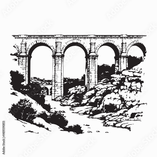 Pont du Gard, an ancient Roman aqueduct bridge that crosses the Gardon River  Image Vector