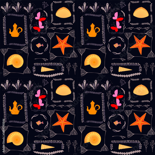 Sea Journey. Beautiful seamless fabric print with starfish, butterflies, sea shells, small fish and oriental teapot in seaweed frames on a black background.