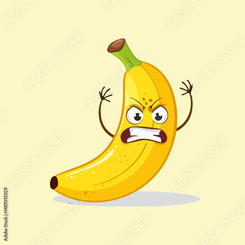 Cartoon banana with expressive angry face and arms up. Fun character for educational games and printable materials