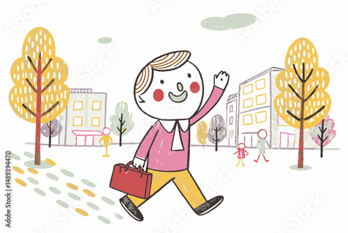 Cheerful businessman waving while walking with a briefcase in a colorful city park, representing positivity and daily commuting.