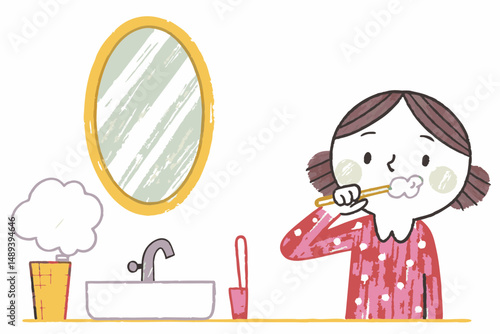 Girl brushing teeth happily in a colorful bathroom with a mirror, representing daily hygiene habits and self-care routines for kids.