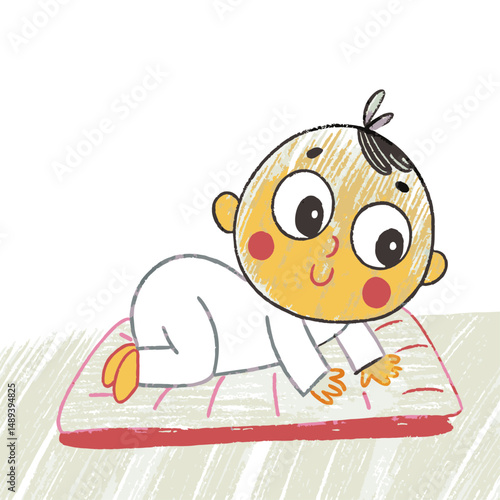 Cute cartoon baby smiling and lying on a colorful mat with polka dots, representing comfort and innocence in a playful, imaginative space.