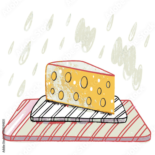 Cheese slice resting on cutting board, illustrated in a playful style, surrounded by whimsical raindrops, representing cooking joy and culinary creativity.