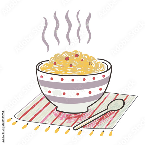 Warm bowl of steaming mashed potatoes served on a striped cloth, representing comfort food and home-cooked meals.