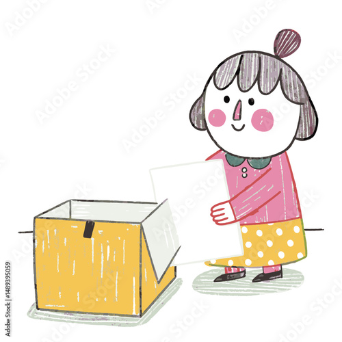 Cheerful girl unboxing contents with excitement in a colorful illustration representing creativity and childhood joy.