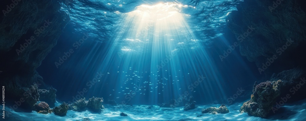 Fototapeta premium Underwater cave illuminated by sun rays shining through clear blue water with small fish swimming near coral-covered rocky formations