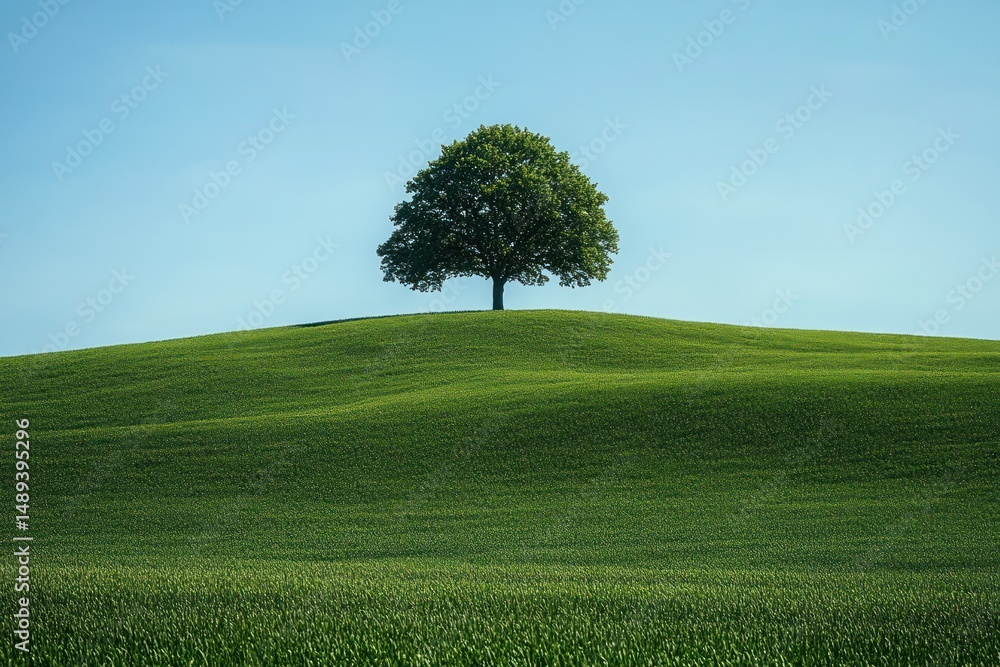 Obraz premium Single green tree standing on gently rolling lush green hill under clear blue sky conveying calm and solitude