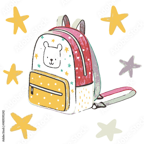Colorful backpack with bear design, featuring playful stars and dots, representing fun and creativity for kids' school or playtime adventures.