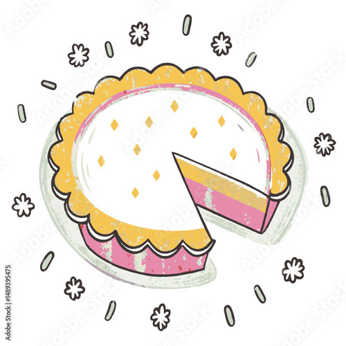 Delightful pie illustration with a slice removed, colorful design, whimsical background, representing sweetness and joy.