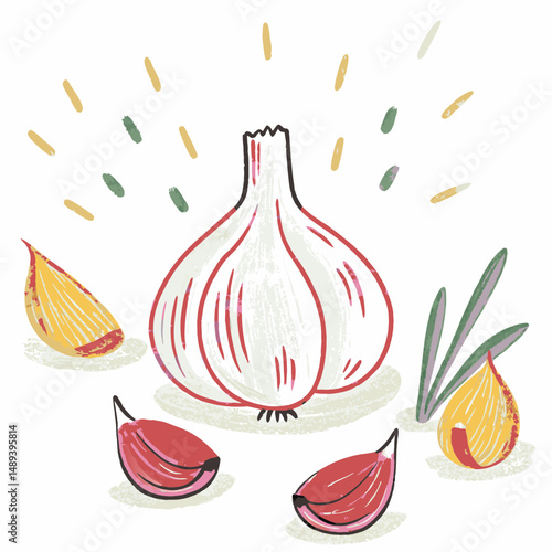 Garlic clove artwork radiating freshness with surrounding elements showcasing nature's bounty in a vibrant design, ideal for culinary inspirations.