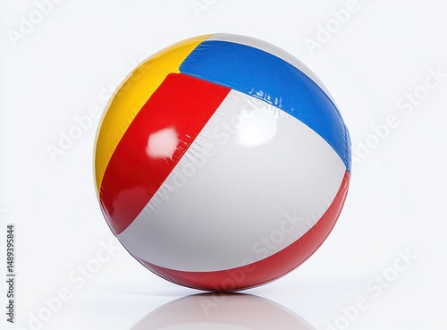 Free Download Colorful inflated beach ball with red, yellow, blue, and white panels on a reflective white surface - GFXLoad