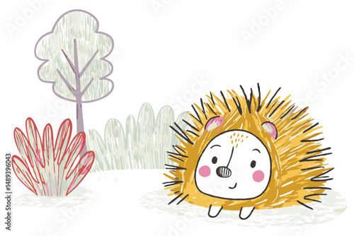Cute hedgehog smiling in a whimsical forest setting surrounded by colorful plants, representing joy and innocence in nature.