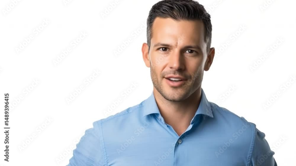 Confident Demeanor: A handsome man in a blue shirt, radiating confidence and charisma, is captured in a photorealistic portrait against a clean backdrop. Confident Demeanor: A handsome man in a blue shirt, radiating confidence and charisma, is captured in a photorealistic portrait against a clean backdrop.
