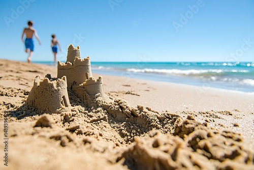 Children building sandcastle on beach