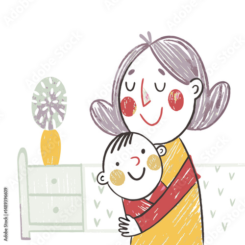 A woman gently hugging a baby with a soft smile, symbolizing maternal care, warmth, emotional connection, and protective family love
