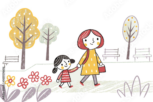 A mother walking with her young daughter through a flowered park, representing maternal love, outdoor bonding, peaceful nature moments, and guidance
