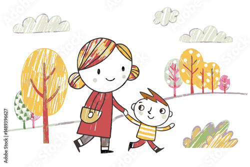 A mother walking with her young son in a colorful autumn park, symbolizing parental care, togetherness, bonding, and outdoor exploration

