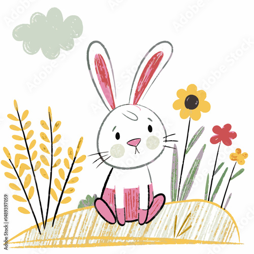 Cute cartoon rabbit looking sad in a whimsical garden with colorful flowers and a soft cloud, representing innocence and nature’s beauty.