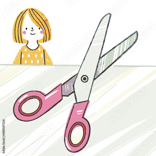Cheerful girl enjoying crafting with scissors on a table representing creativity and childhood exploration in a playful artistic illustration.