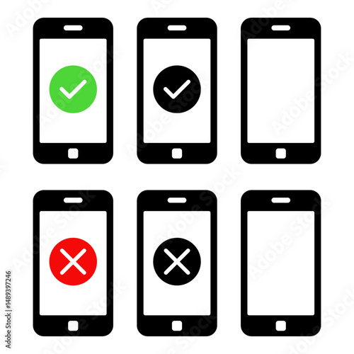 Check mark icons set of green check mark and red wrong mark with black vector phone icon