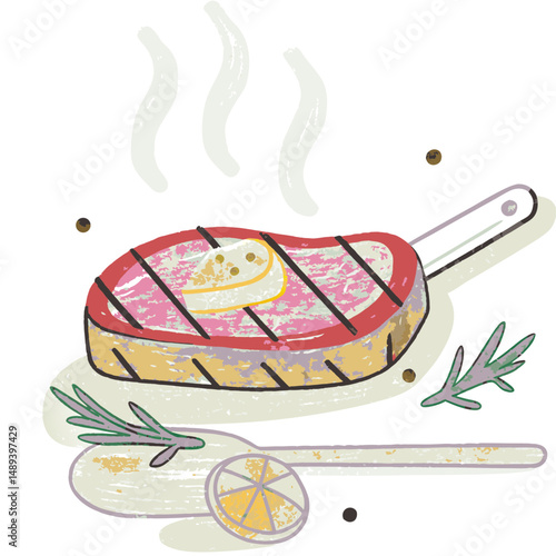 Colorful illustration of a sizzling steak topped with butter, accompanied by lemon and herbs on a wooden surface, symbolizing delicious home cooking.
