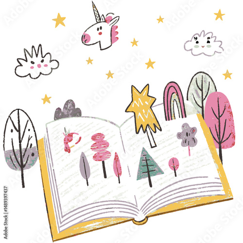 Colorful Illustrated Storybook with a Unicorn and Whimsical Trees, Set Against a Dreamy Background Representing Imagination and Creativity