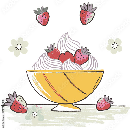 A yellow bowl filled with whipped cream and strawberries, symbolizing sweet dessert, fruit freshness, and summertime treat
