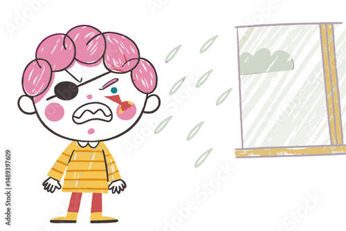 Angry child expressing frustration indoors, wearing a striped shirt, with a window background depicting rain, symbolizing emotional challenges and childhood experiences.