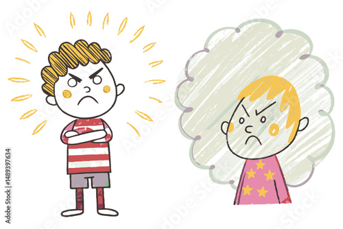 Two Children Expressing Emotions: One Angrily Standing with Arms Crossed, Another Frustrated with a Cloudy Background, Representing Childhood Feelings and Disagreements.