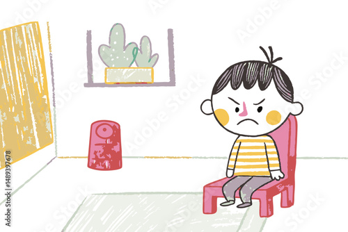 Angry boy sitting alone on a chair in a simple room with plants, representing feelings of frustration and isolation during childhood.