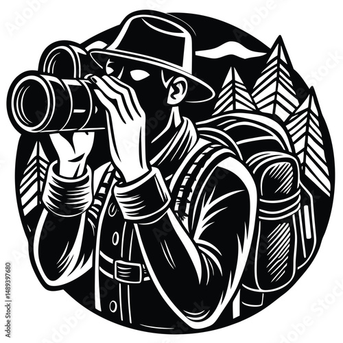 Male Hiker Using Binoculars in Mountain Landscape Illustration