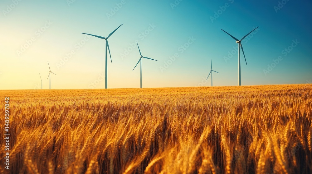 Fototapeta premium Golden Wheat Field with Wind Turbines Under Clear Blue Sky at Sunset