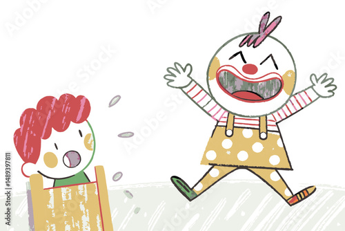 Happy clown joyfully playing with a child on a sled in a whimsical, colorful setting, representing fun and childhood joy.