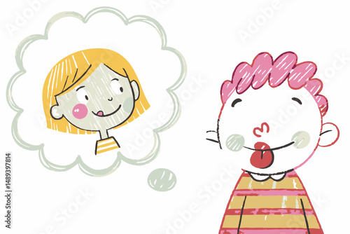 Happy child daydreaming about a smiling girl in a playful, colorful illustration representing imagination and childhood innocence.