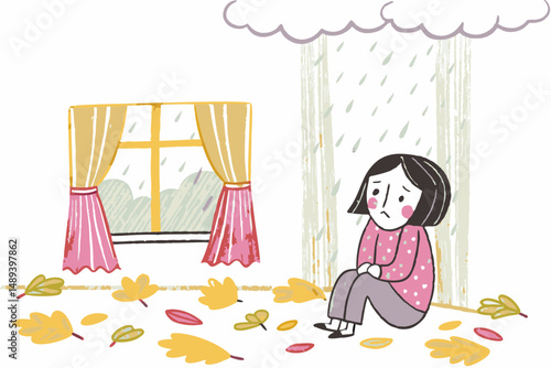 Sad girl sitting on a pink chair, looking melancholic while it rains outside, with autumn trees visible through the window, representing feelings of loneliness and introspection.