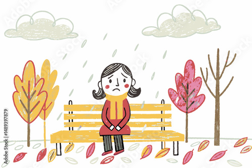 A young woman sitting sadly in a pink armchair while holding a cup, gazing out a window with autumn leaves falling, representing introspection and change.
