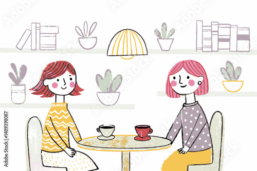 Two friends happily chatting over coffee in a cozy living room with plants and books, representing friendship and connection.
