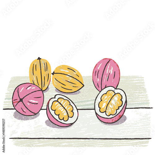 Colorful illustration of fruits displayed on a striped table with a pink bowl filled with nuts, representing creativity and culinary artistry.