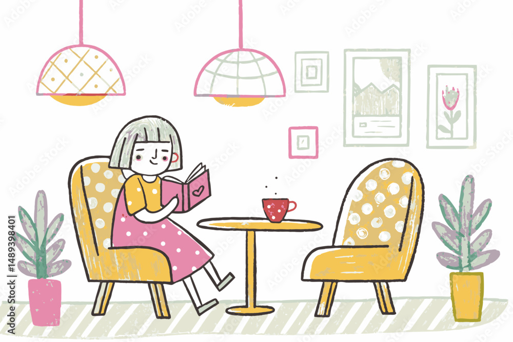 Fototapeta premium Cheerful girl reading a book while sitting in a cozy cafe-like room with plants and warm lighting, representing relaxation and leisure time.