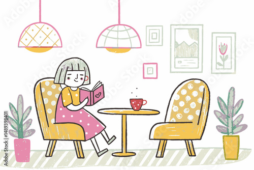 Cheerful girl reading a book while sitting in a cozy cafe-like room with plants and warm lighting, representing relaxation and leisure time.